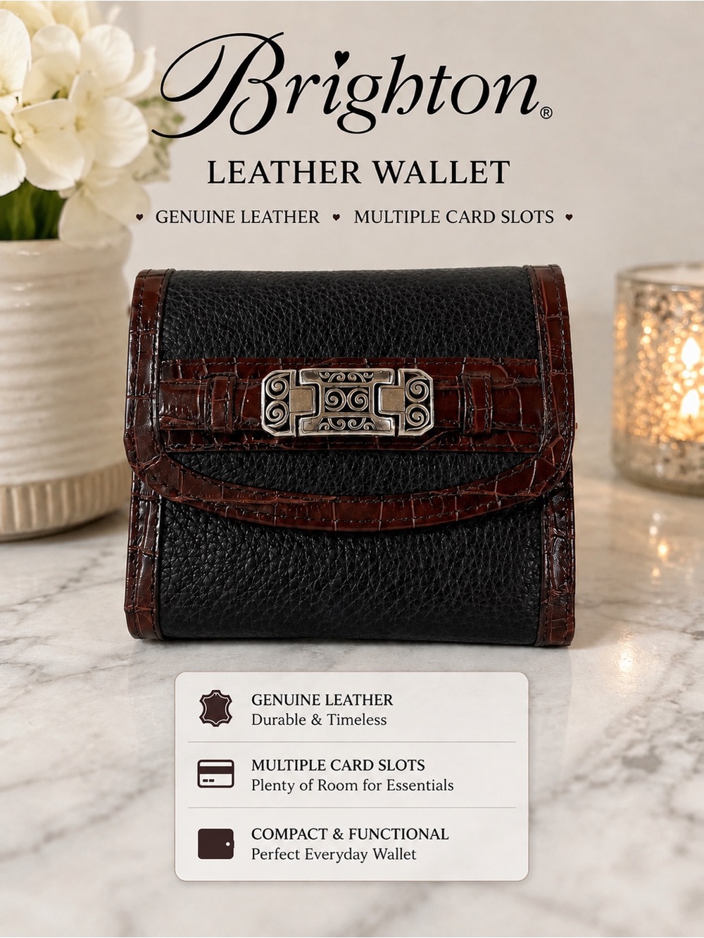 Brighton Black & Brown Leather Organizer Wallet Crossbody | Croc Embossed